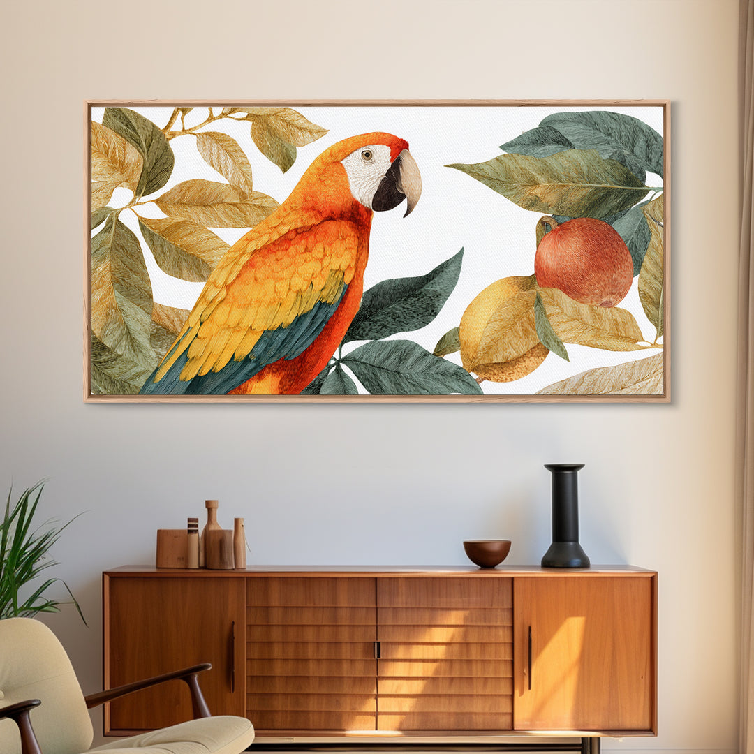 Parrot Among Tropical Leaves and Fruit Canvas Print, Bird Art, Digital Prints, Living Room Decor, Fine Art, Flight, Modern Art, BIR-2x1-57