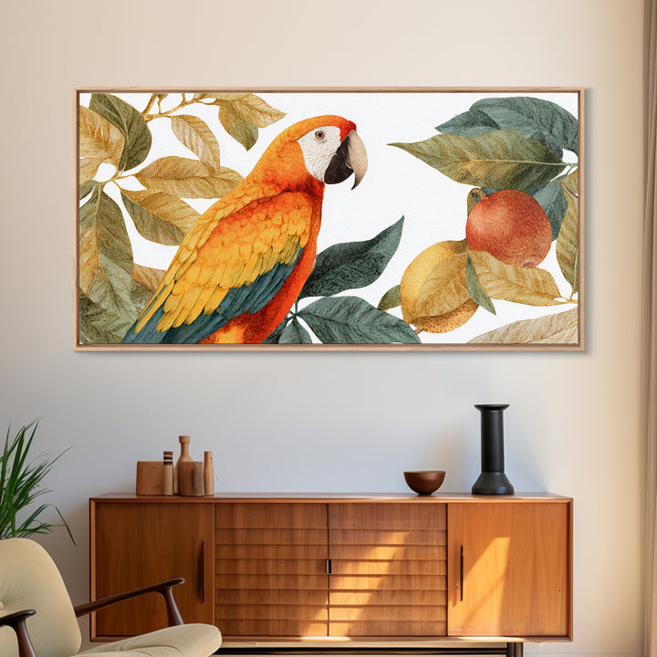 Parrot Among Tropical Leaves and Fruit Canvas Print, Bird Art, Digital Prints, Living Room Decor, Fine Art, Flight, Modern Art, BIR-2x1-57