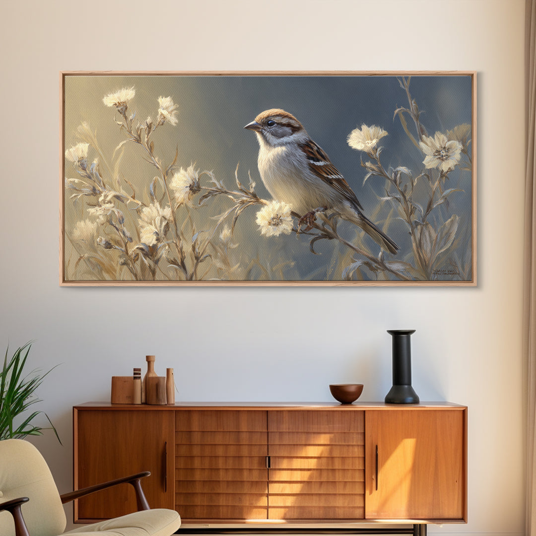 Small Sparrow on Wildflower Stem Canvas Print, Bird Art, Wall Art, Living Room Decor, Watercolor Art, Flight, Japanese Wall Art, BIR-2x1-58