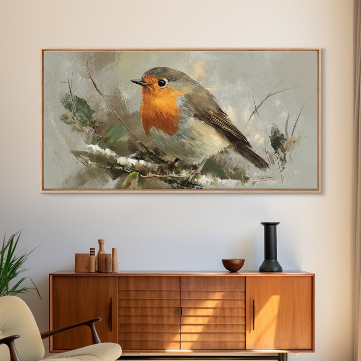 Robin in a Spring Garden with Soft Framed Canvas Print, Bird Art, Bird Prints, Living Room Decor, Watercolor Art, Flight, BIR-2x1-59
