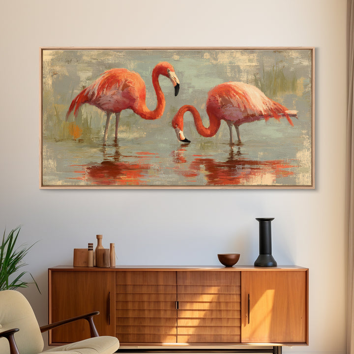 Flamingo Pair in Coral Water Reflections Framed Canvas Print, Bird Art, Luxury Decor, Living Room Decor, Fine Art, Flight, BIR-2x1-6