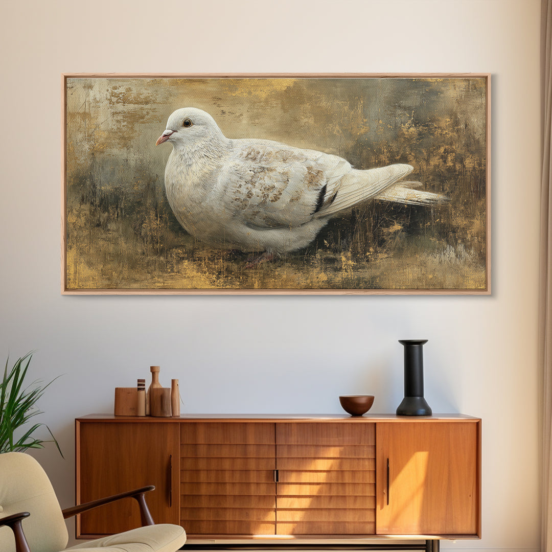 White Dove with Olive Branch and Calm Framed Canvas Print, Bird Art, Art Deco, Living Room Decor, Flight, Gallery Wall, BIR-2x1-60