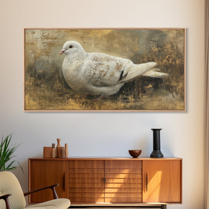 White Dove with Olive Branch and Calm Framed Canvas Print, Bird Art, Art Deco, Living Room Decor, Flight, Gallery Wall, BIR-2x1-60