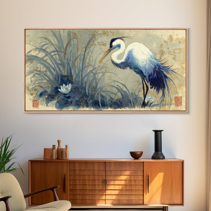 Crane and Lotus Composition Canvas Print, Bird Art, Printable Wall Art, Living Room Decor, Fine Art, Flight, Modern Art, BIR-2x1-61