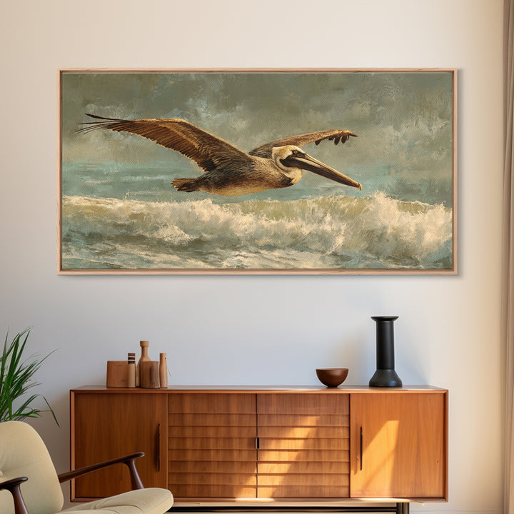Pelican Flying over Coastal Waves Canvas Print, Bird Art, Room Decor, Living Room Decor, Oil Painting, Flight, Digital Print, BIR-2x1-62