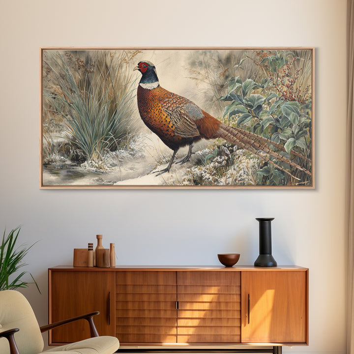 Pheasant with Ornate Feather Details Canvas Print, Bird Art, Living Room Decor, Fine Art, Flight, Rustic Home Decor, Floral Art, BIR-2x1-63