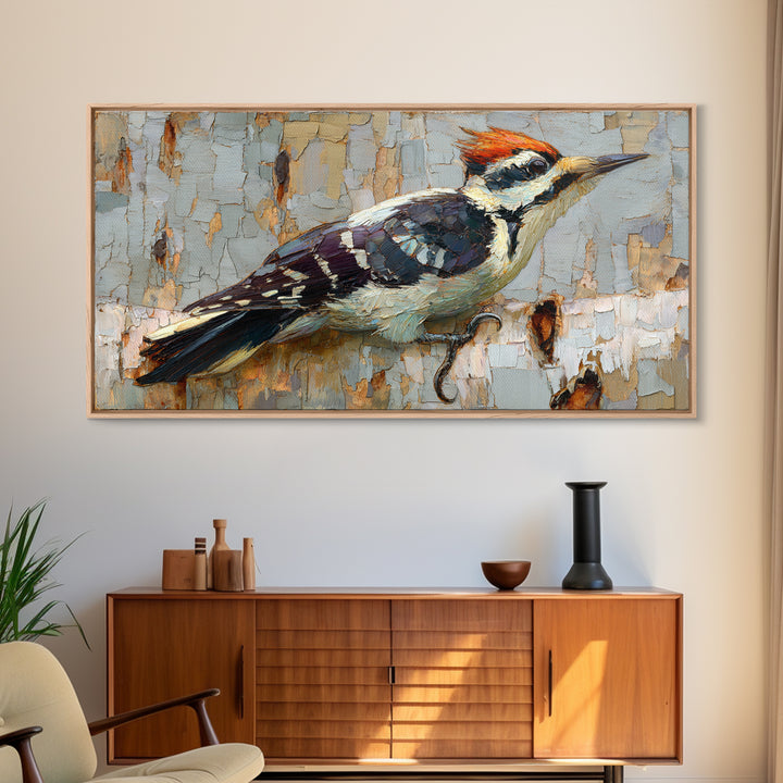 Woodpecker on Birch Bark Texture Framed Canvas Print, Bird Art, Mid Century Modern, Living Room Decor, Abstract Art, Flight, BIR-2x1-65