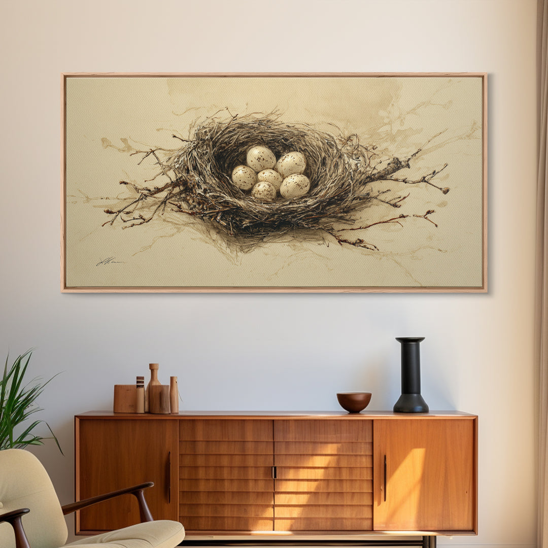 Bird Nest with Eggs and Delicate Twigs Canvas Print, Bird Art, Textured Painting, Living Room Decor, Watercolor Art, Flight, BIR-2x1-66