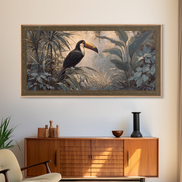 Toucan Framed by Bold Jungle Foliage Framed Canvas Print, Bird Art, Rustic Home Decor, Living Room Decor, Fine Art, Flight, BIR-2x1-67