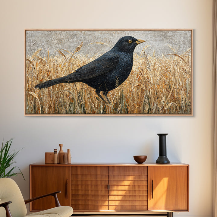 Blackbird on Gold Wheat Field Canvas Print, Bird Art, Digital Print, Living Room Decor, Watercolor Art, Flight, Bird Prints, BIR-2x1-68