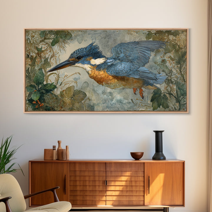 Kingfisher Diving Toward Blue Water Framed Canvas Print, Bird Art, Wall Decor, Living Room Decor, Flight, Boho Wall Decor, BIR-2x1-7