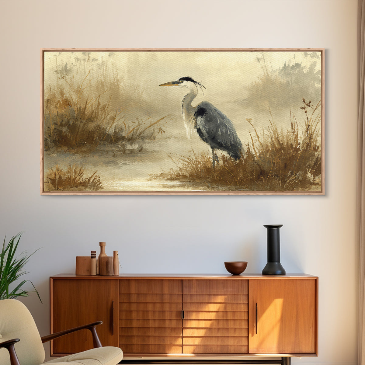 Blue Heron in Misty Marsh Grass Canvas Print, Bird Art, Digital Prints, Living Room Decor, Fine Art, Flight, Modern Art, BIR-2x1-70