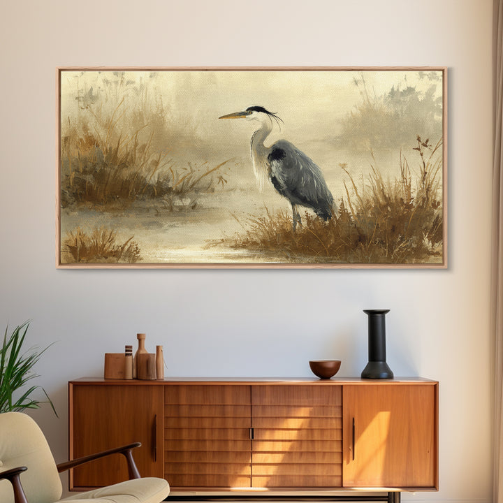 Blue Heron in Misty Marsh Grass Canvas Print, Bird Art, Digital Prints, Living Room Decor, Fine Art, Flight, Modern Art, BIR-2x1-70