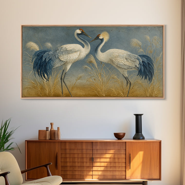 Pair of Cranes Dancing Canvas Print, Bird Art, Nature Prints, Living Room Decor, Abstract Art, Flight, Boho Decor, BIR-2x1-71