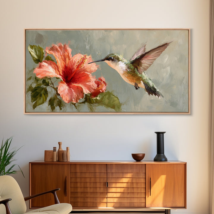 Hummingbird Hovering Beside Bright Hibiscus Framed Canvas Print, Bird Art, Printable Art, Living Room Decor, Fine Art, Flight, BIR-2x1-72