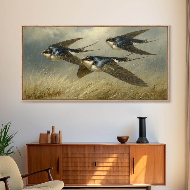 Flock of Swallows Sweeping Across Open Sky Canvas Print, Bird Art, Living Room Decor, Watercolor Art, Flight, BIR-2x1-74