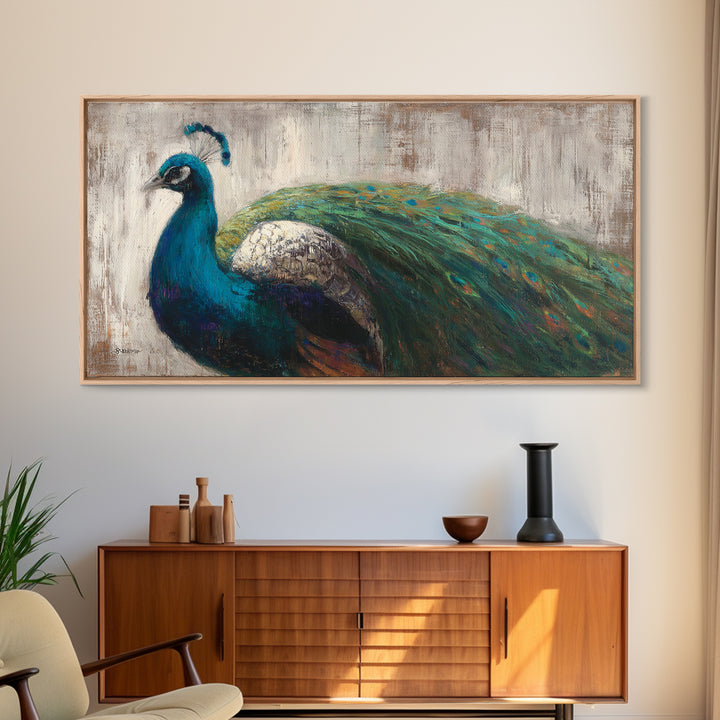 Peacock with Jewel Tone Feather Pattern Framed Canvas Print, Bird Art, Boho Decor, Living Room Decor, Fine Art, Flight, BIR-2x1-75