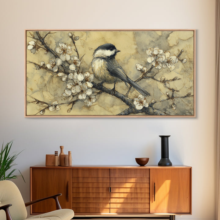 Songbird Perched on Cherry Blossoms Canvas Print, Bird Art, Living Room Decor, Fine Art, Flight, Rustic Home Decor, Floral Art, BIR-2x1-76