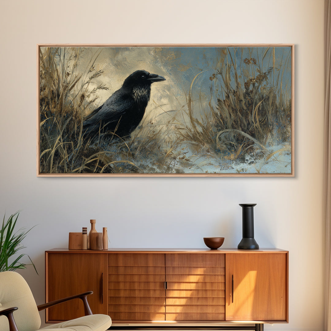 Raven Silhouette with Gothic Atmosphere Canvas Print, Bird Art, Digital Print, Living Room Decor, Oil Painting, Flight, BIR-2x1-77