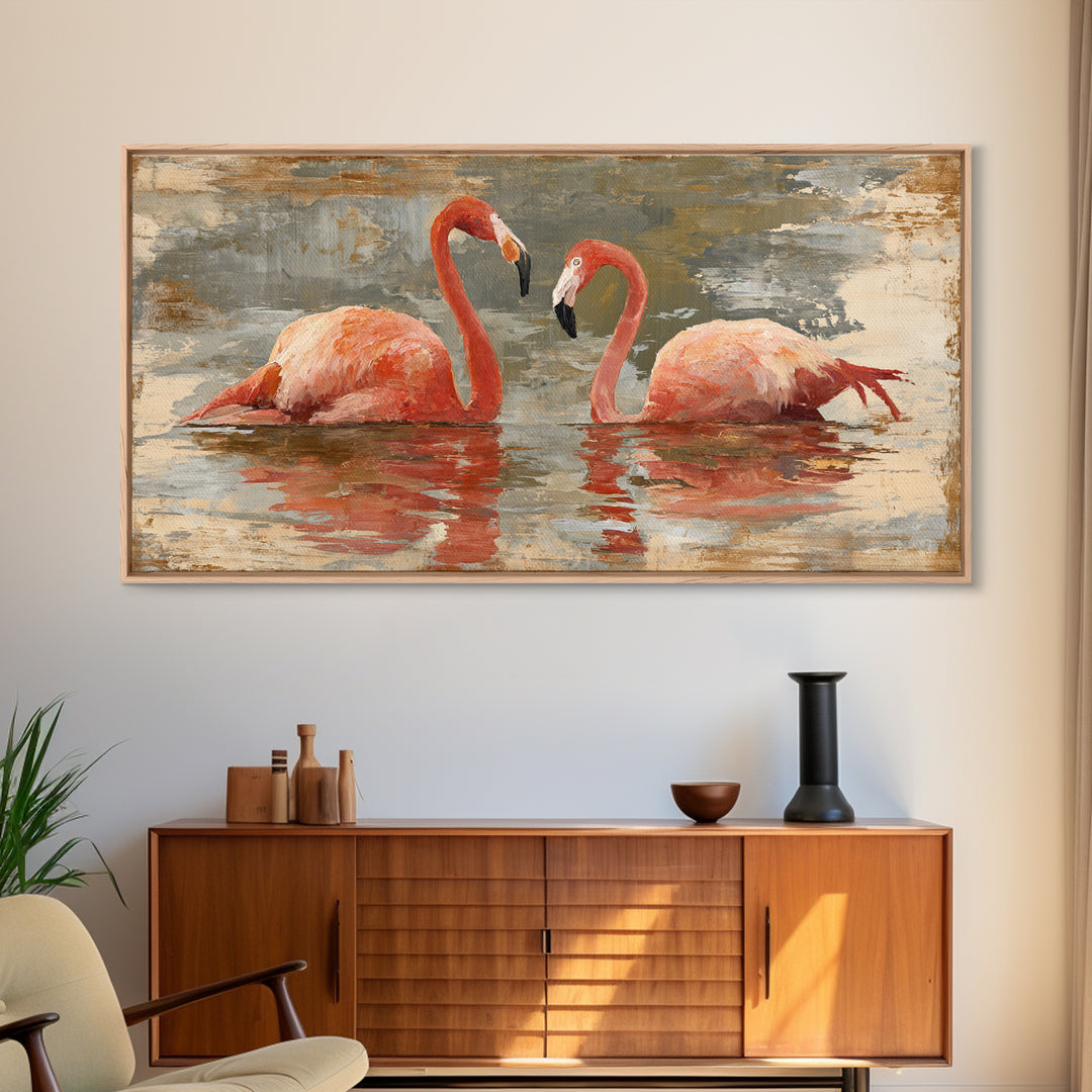 Flamingo Pair in Coral Water Reflections Canvas Print, Bird Art, Contemporary Art, Living Room Decor, Fine Art, Flight, BIR-2x1-78
