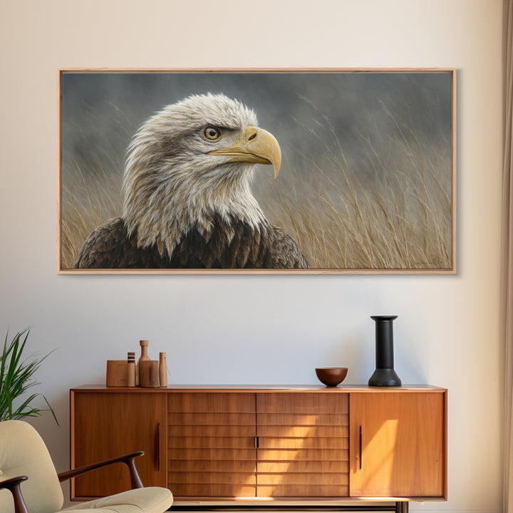 Eagle Portrait with Dramatic Mountain Wind Framed Canvas Print, Bird Art, Luxury Decor, Living Room Decor, Fine Art, Flight, BIR-2x1-8