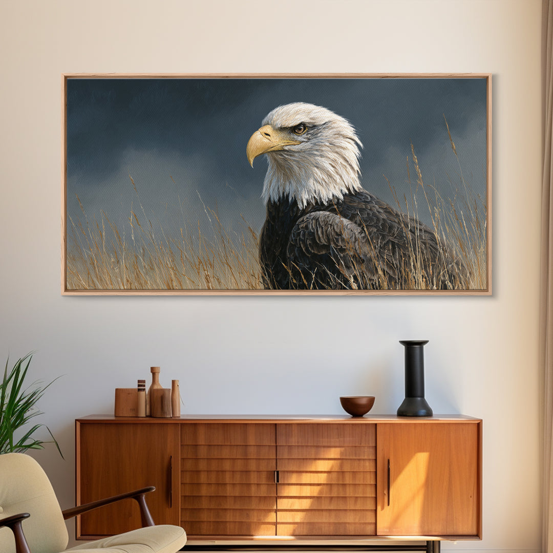 Eagle Portrait with Dramatic Mountain Wind Framed Canvas Print, Bird Art, Modern Art, Living Room Decor, Fine Art, Flight, BIR-2x1-80