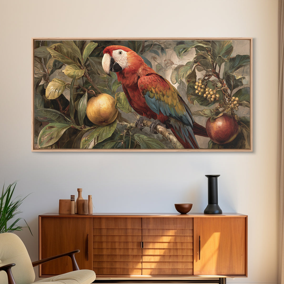Parrot Among Tropical Leaves and Fruit Framed Canvas Print, Bird Art, Printable Art, Living Room Decor, Watercolor Art, Flight, BIR-2x1-81