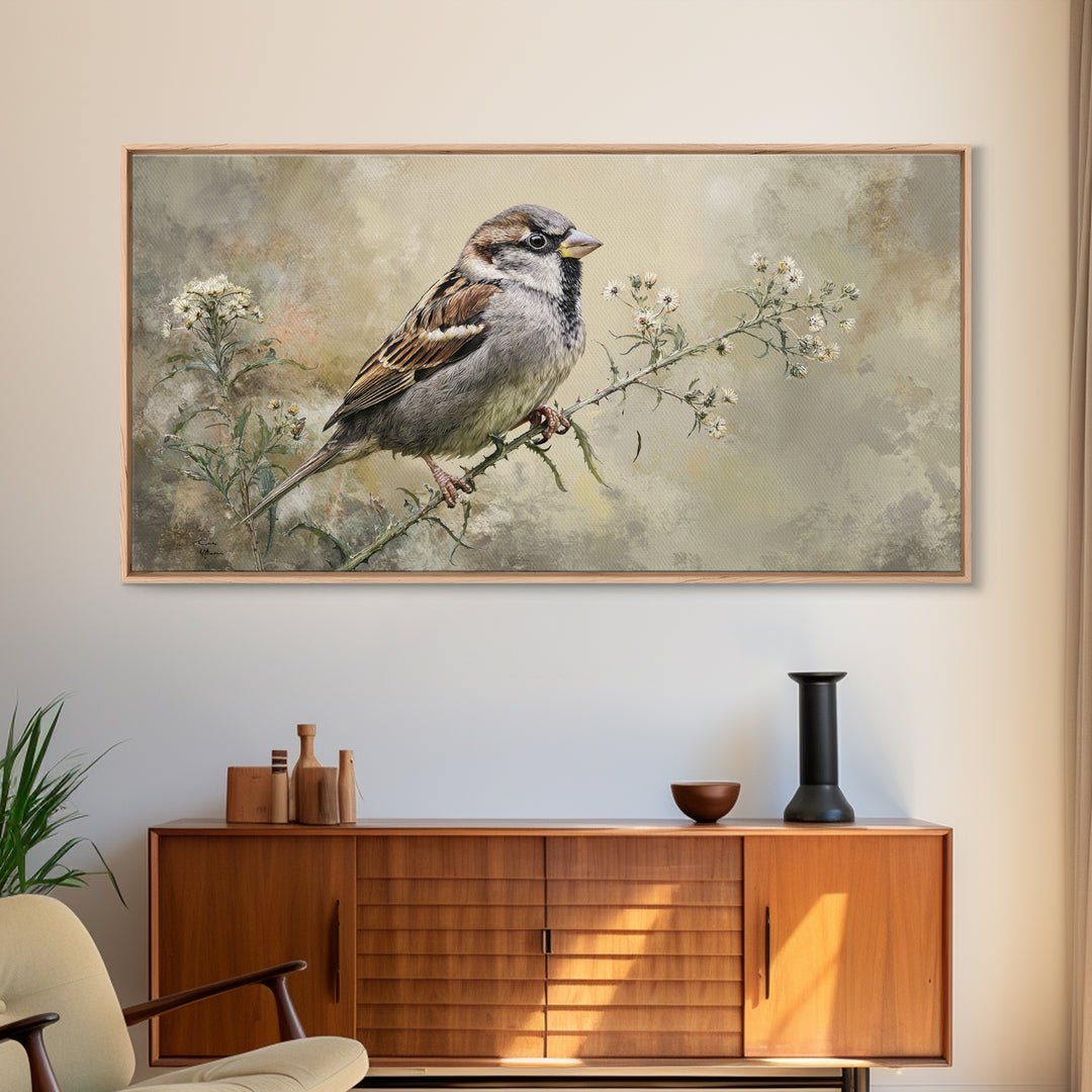 Small Sparrow on Wildflower Stem Canvas Print, Bird Art, Wall Art, Living Room Decor, Watercolor Art, Flight, Japanese Wall Art, BIR-2x1-82