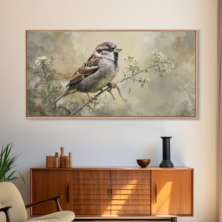 Small Sparrow on Wildflower Stem Canvas Print, Bird Art, Wall Art, Living Room Decor, Watercolor Art, Flight, Japanese Wall Art, BIR-2x1-82