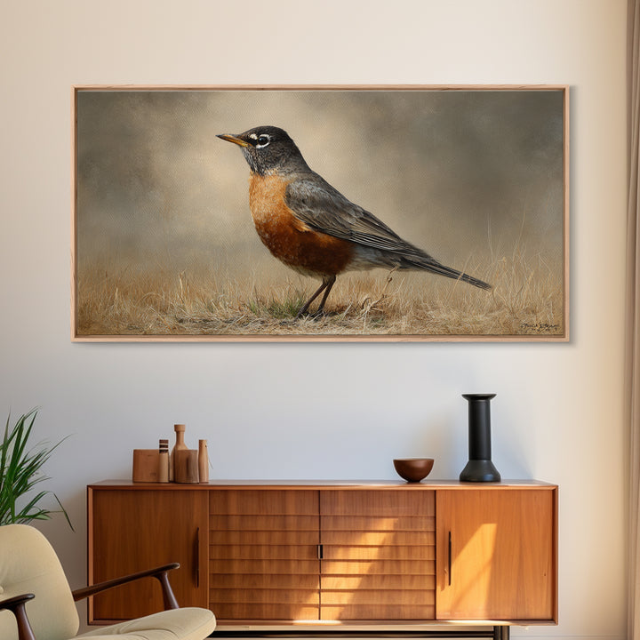 Robin in a Spring Garden with Soft Framed Canvas Print, Bird Art, Contemporary Art, Living Room Decor, Oil Painting, Flight, BIR-2x1-83