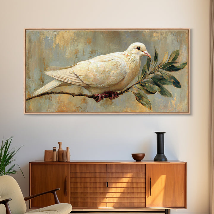 White Dove with Olive Branch and Calm Framed Canvas Print, Bird Art, Botanical Wall Art, Living Room Decor, Watercolor Art, BIR-2x1-84