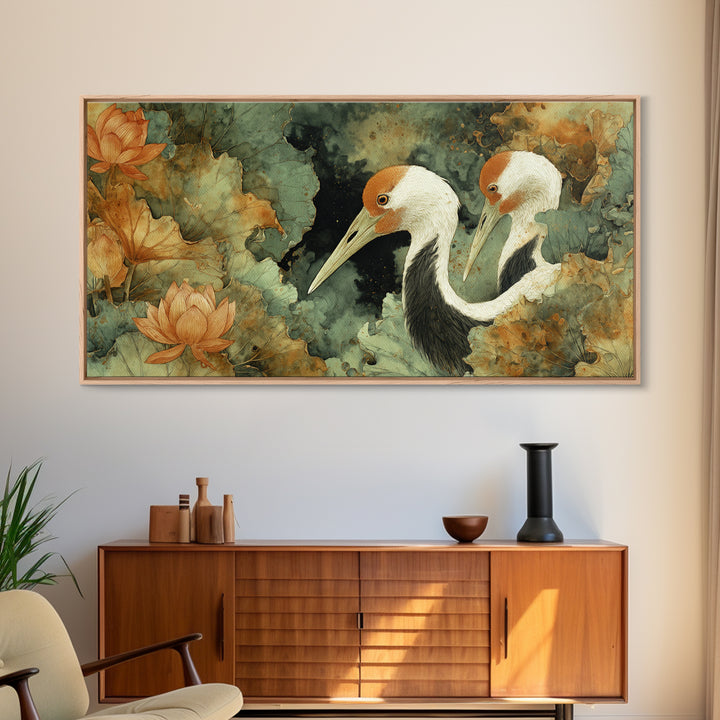 Crane and Lotus Composition Framed Canvas Print, Bird Art, Farmhouse Decor, Living Room Decor, Flight, Digital Download Art, BIR-2x1-85