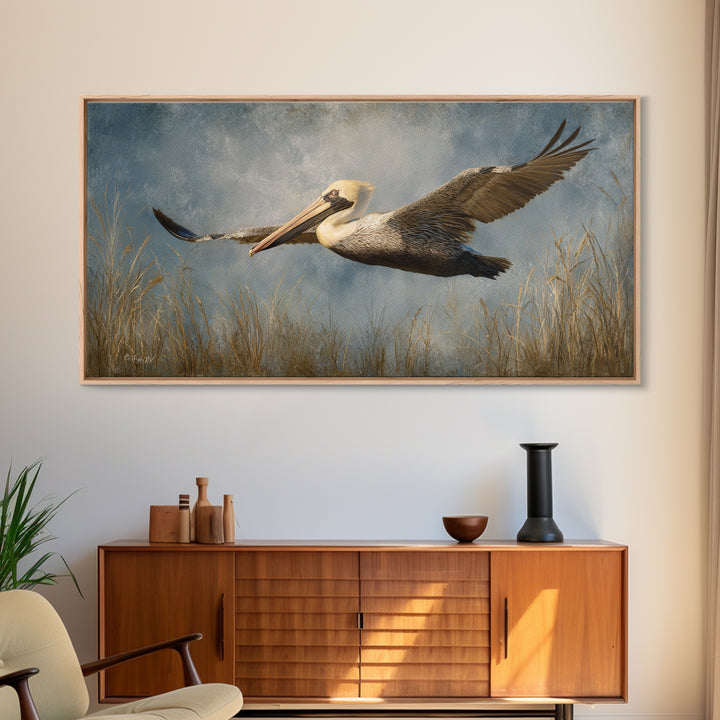 Pelican Flying over Coastal Waves Framed Canvas Print, Bird Art, Home Decor, Living Room Decor, Flight, Modern Wall Art, BIR-2x1-86
