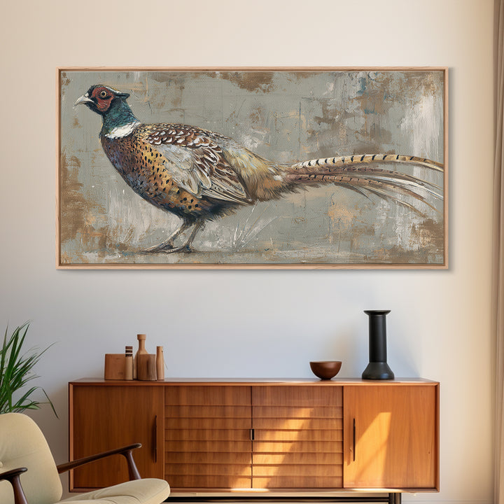 Pheasant with Ornate Feather Details Framed Canvas Print, Bird Art, Mid Century Wall Art, Living Room Decor, Fine Art, Flight, BIR-2x1-87
