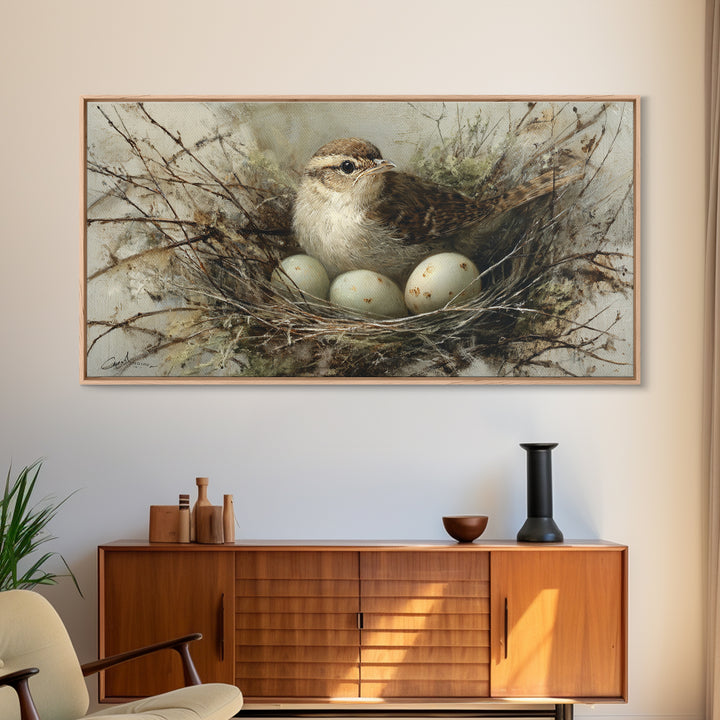 Bird Nest with Eggs and Delicate Twigs Framed Canvas Print, Bird Art, Wall Decor, Living Room Decor, Oil Painting, Flight, BIR-2x1-90