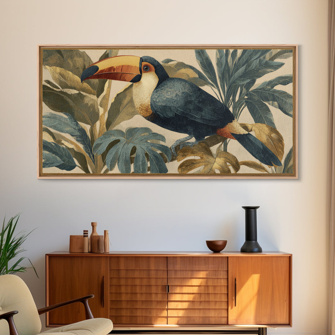 Toucan Framed by Bold Jungle Foliage Framed Canvas Print, Bird Art, Original Art, Living Room Decor, Fine Art, Flight, BIR-2x1-91