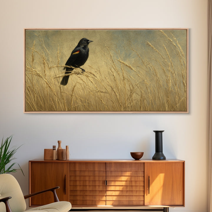 Blackbird on Gold Wheat Field Framed Canvas Print, Bird Art, Modern Wall Art, Living Room Decor, Oil Painting, Flight, BIR-2x1-92