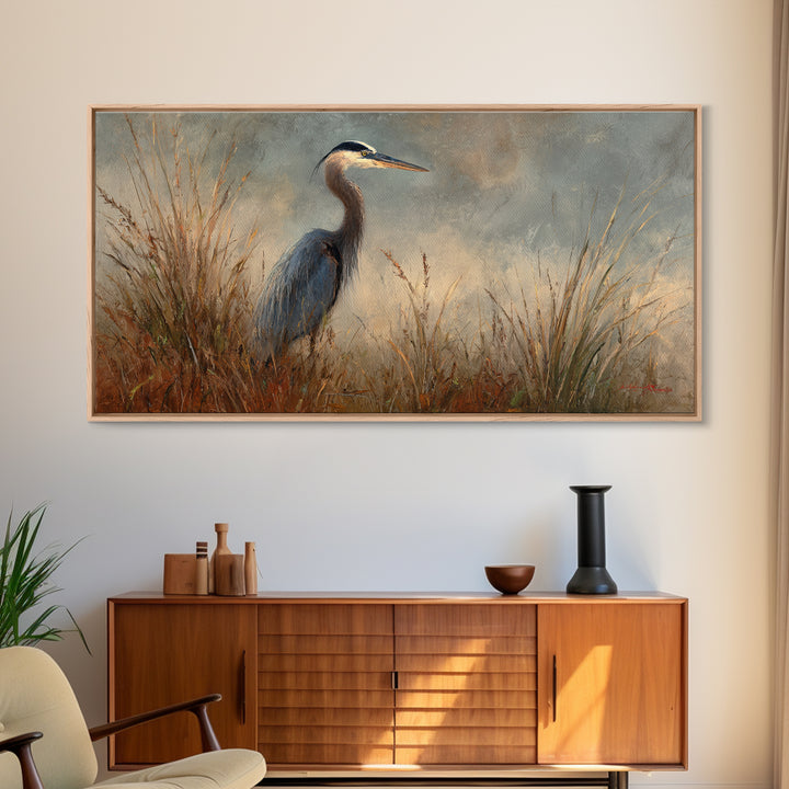 Blue Heron in Misty Marsh Grass Canvas Print, Bird Art, Digital Prints, Living Room Decor, Fine Art, Flight, Modern Art, BIR-2x1-94