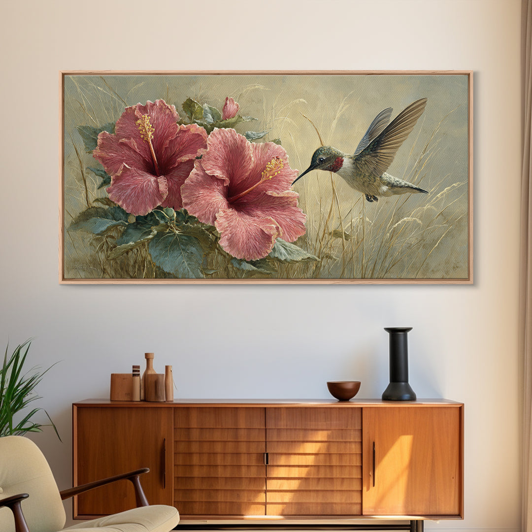 Hummingbird Hovering Beside Bright Hibiscus Framed Canvas Print, Bird Art, Bird Prints, Living Room Decor, Oil Painting, Flight, BIR-2x1-96
