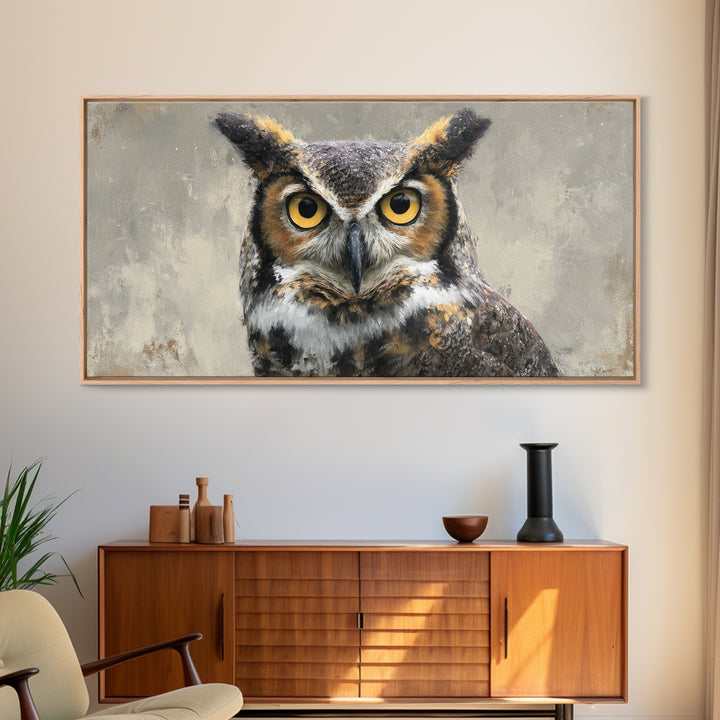 Owl Portrait with Wise Golden Eyes Framed Canvas Print, Bird Art, Japanese Wall Art, Living Room Decor, Oil Painting, Flight, BIR-2x1-97