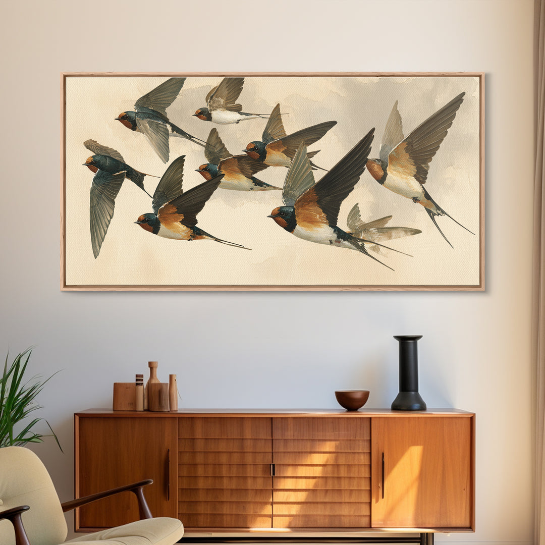 Flock of Swallows Sweeping Across Open Sky Canvas Print, Bird Art, Living Room Decor, Watercolor Art, Flight, BIR-2x1-98
