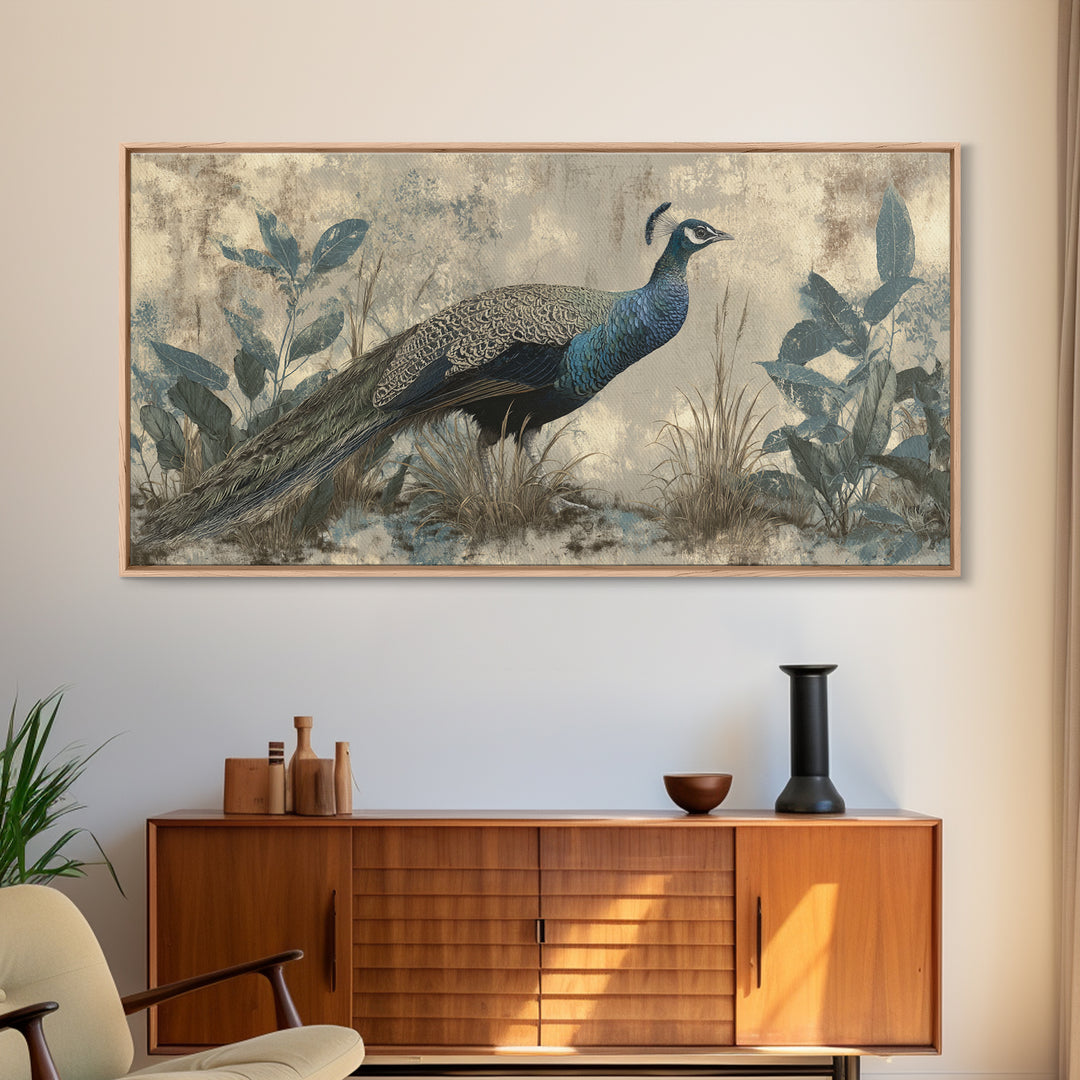 Peacock with Jewel Tone Feather Pattern Framed Canvas Print, Bird Art, Boho Wall Decor, Living Room Decor, Fine Art, Flight, BIR-2x1-99