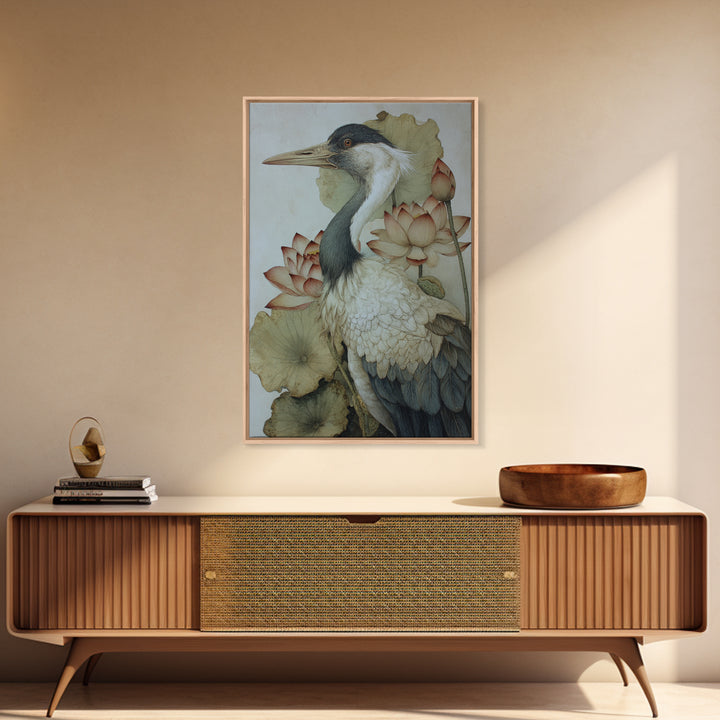 Crane and Lotus Composition Framed Canvas Print, Bird Art, Wall Art, Living Room Decor, Fine Art, Flight, Japanese Wall Art, BIR-2x3-1
