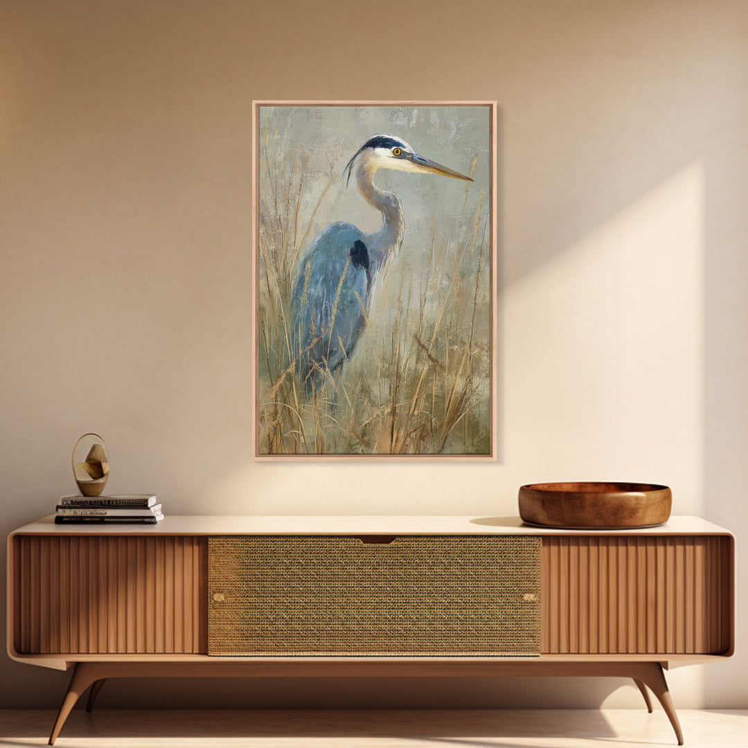 Blue Heron in Misty Marsh Grass Canvas Print, Bird Art, Luxury Decor, Living Room Decor, Flight, Art Deco, Original Art, BIR-2x3-10