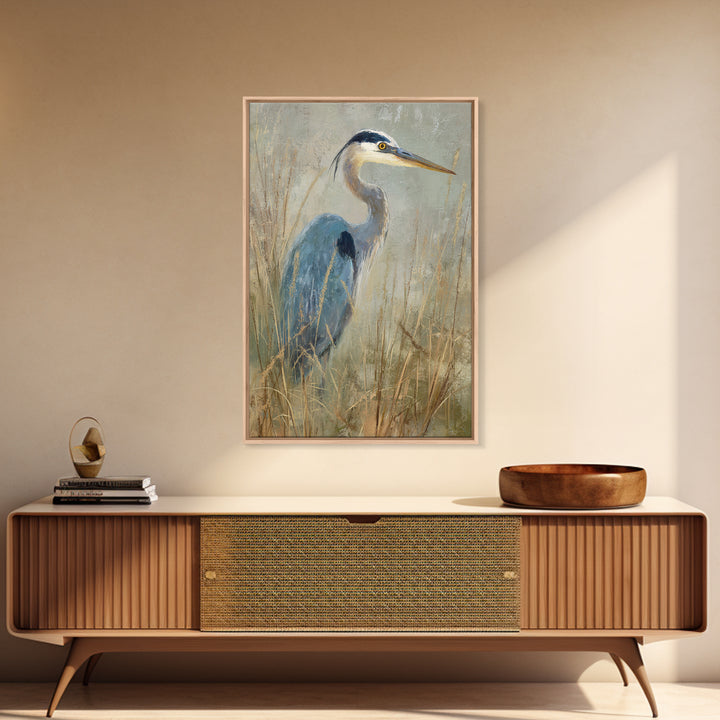 Blue Heron in Misty Marsh Grass Canvas Print, Bird Art, Luxury Decor, Living Room Decor, Flight, Art Deco, Original Art, BIR-2x3-10