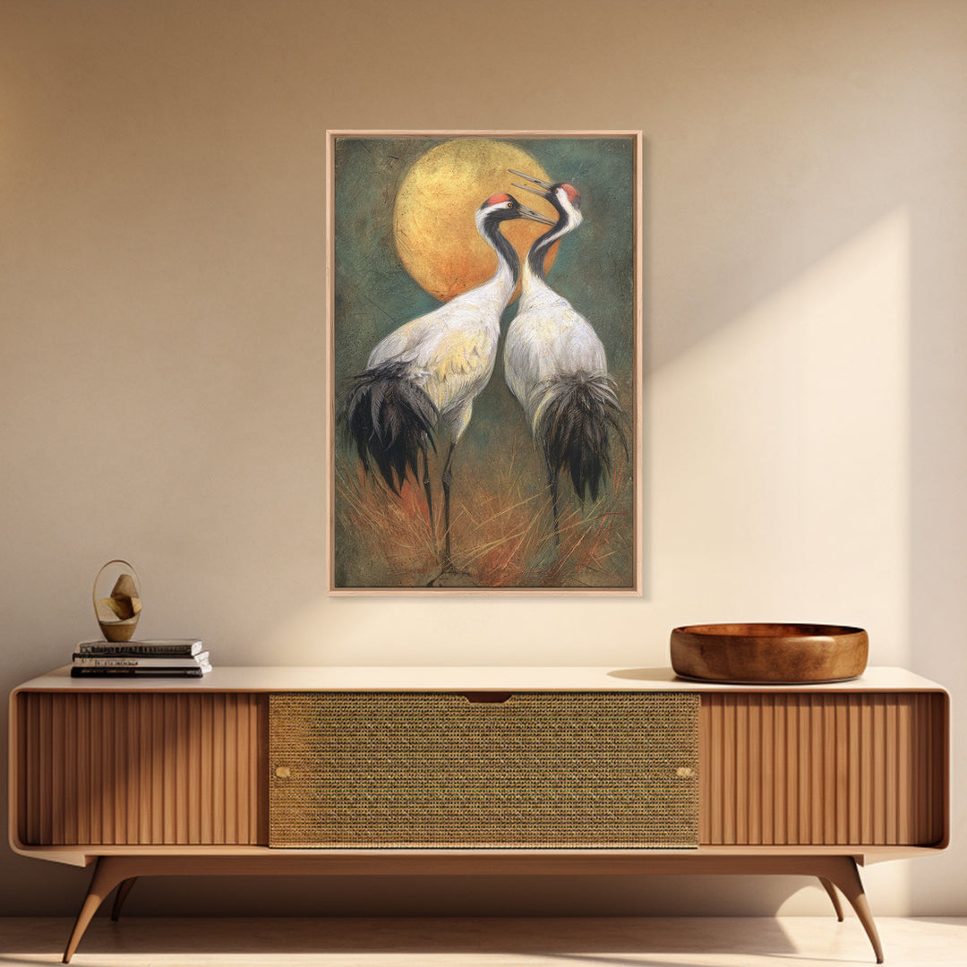 Pair of Cranes Dancing Canvas Print, Bird Art, Forest Wall Art, Living Room Decor, Abstract Art, Flight, Minimalist Decor, BIR-2x3-11