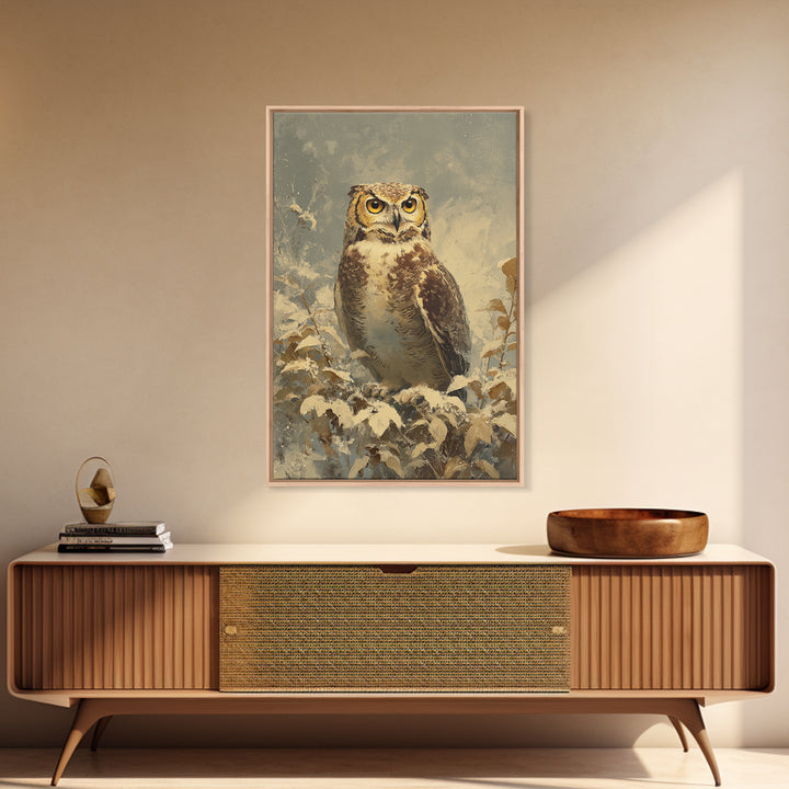 Owl Portrait with Wise Golden Eyes Framed Canvas Print, Bird Art, Digital Prints, Living Room Decor, Fine Art, Flight, BIR-2x3-13