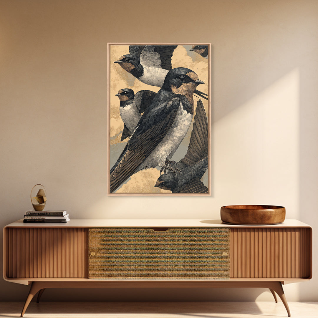 Flock of Swallows Sweeping Across Open Sky Canvas Print, Bird Art, Art Print, Living Room Decor, Oil Painting, Flight, BIR-2x3-14