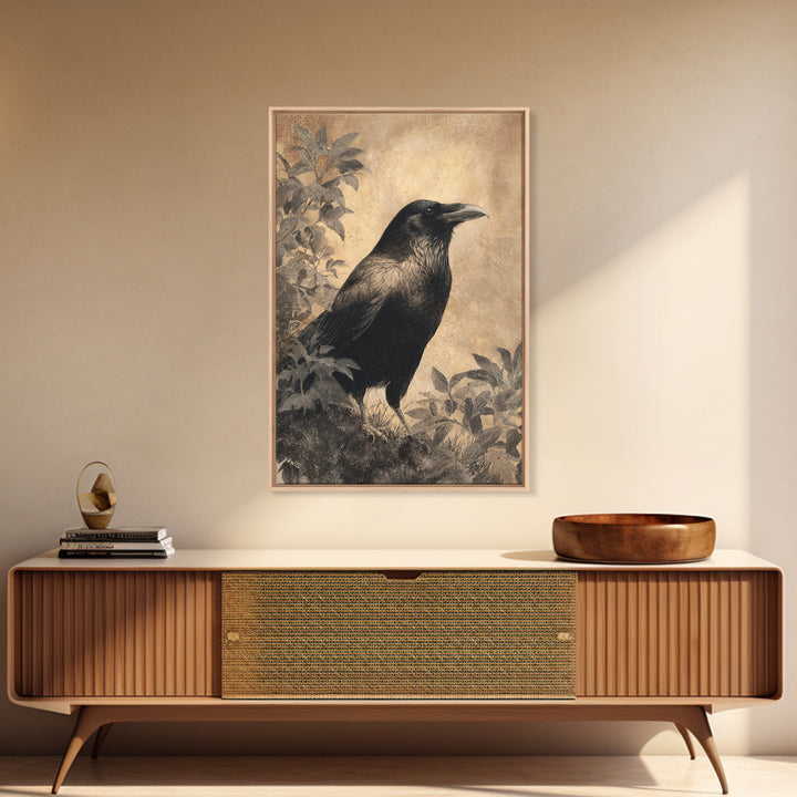 Raven Silhouette with Gothic Atmosphere Framed Canvas Print, Bird Art, Living Room Decor, Abstract Art, Flight, BIR-2x3-17