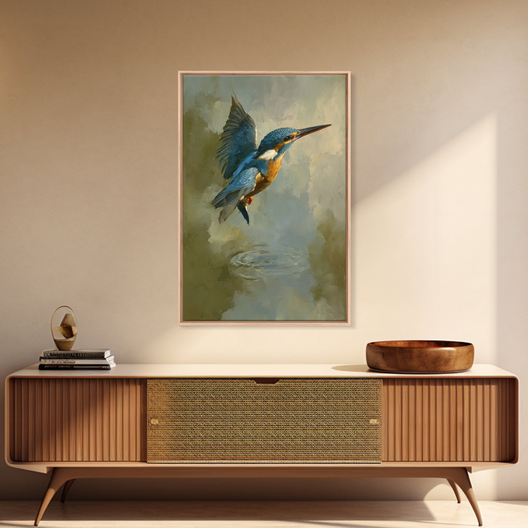 Kingfisher Diving Toward Blue Water Framed Canvas Print, Bird Art, Neutral Decor, Living Room Decor, Fine Art, Flight, BIR-2x3-19